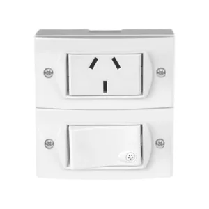 Llave 2 módulos exterior JELUZ punto + tomas 10 amp.